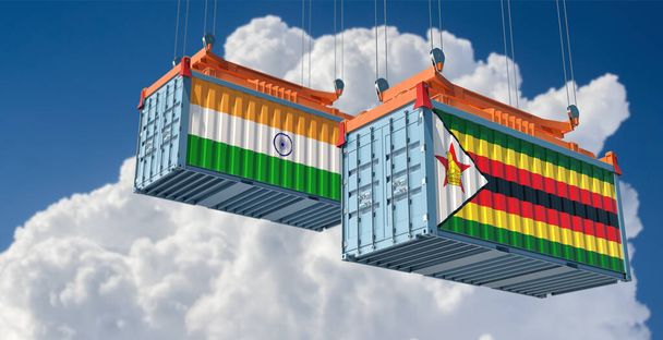 Hindistan ve Zimbabwe ulusal bayraklı kargo konteynerleri. 3B Hazırlama - Fotoğraf, Görsel