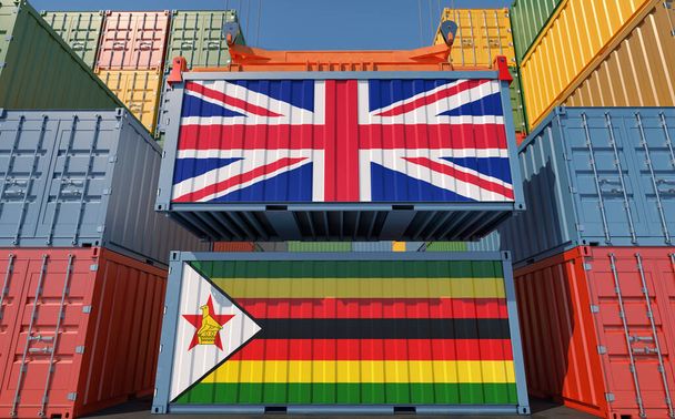 Cargo containers with United Kingdom and Zimbabwe national flags. 3D Rendering - Foto, afbeelding