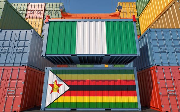 Cargo containers with Nigeria and Zimbabwe national flags. 3D Rendering - Фото, изображение