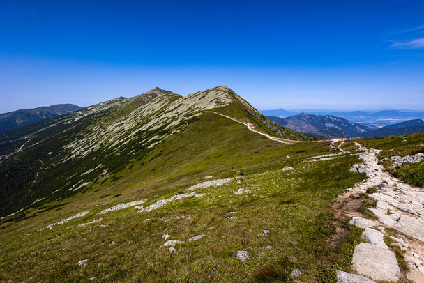 Beautiful path around Chopok and Dumbier mountain with Stefanika shelter  - in slovakian low Tatra mountains. Summer panorama with great weather and blue sky - Fotó, kép