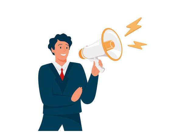 Businessman shouting, speaking out loud to get attention and announce promotion concept, confident young businessman using megaphone speaking out loud to be heard in public. - Vektor, obrázek