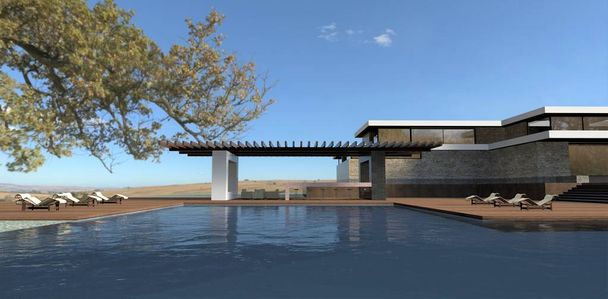 Autumn in a luxury advanced villa. Large pool, decking and spacious modern patio. A branch with yellow leaves above the water. 3d render. - 写真・画像