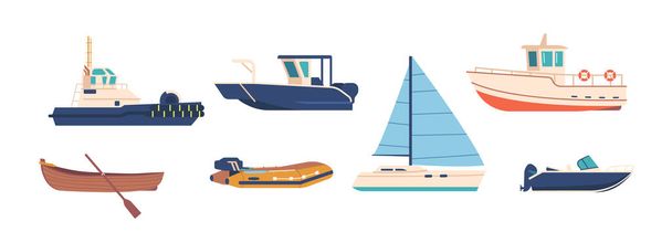 Set of Ships and Boats Different Types Isolated on White Background. Yacht, Wooden and Motor Boat, Longboat Piscatorial Marine Vessels. Maritime Transportation Modes. Cartoon Vector Illustration - Διάνυσμα, εικόνα