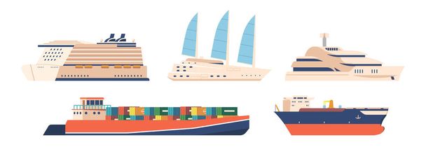 Joukko aluksia ja meriveneitä eristetty valkoisella taustalla. Erityyppiset merialukset. Luxury Cruise Liners, Meriliikenteen liikennemuodot Cargo Shipping. Sarjakuva vektori kuvitus - Vektori, kuva