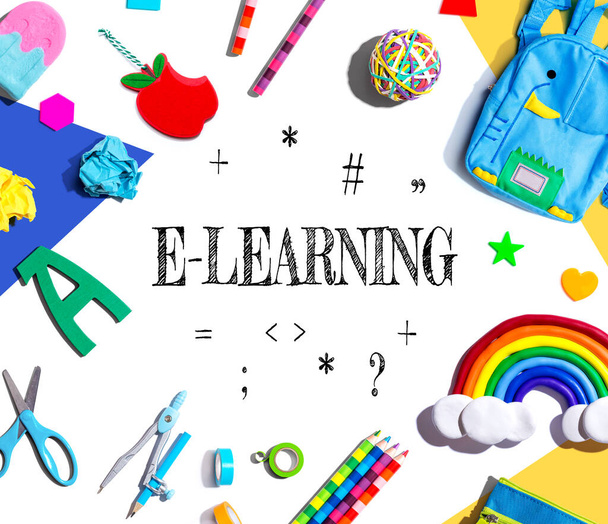 E-Learning theme with school supplies overhead view - flat lay - 写真・画像