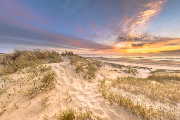 Pláž a duny Nizozemské pobřeží krajina vidět z Wijk aan Zee nad Severním mořem při západu slunce, Nizozemsko - Fotografie, Obrázek