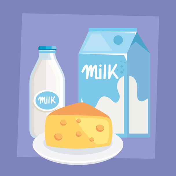 milk bottle and box with cheese products - Vecteur, image