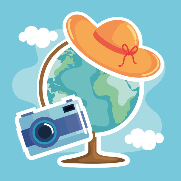 world map and camera travel icons - Вектор,изображение