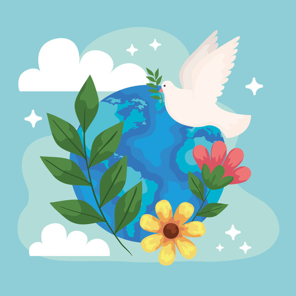 peace dove with earth planet postcard - Vector, imagen
