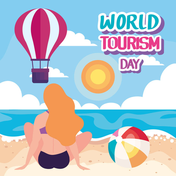 tourism day lettering with lady poster - Διάνυσμα, εικόνα
