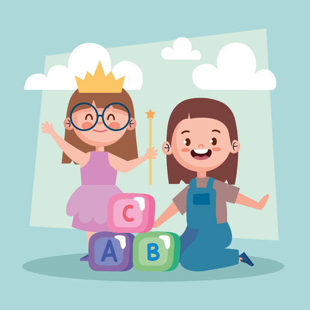 little girls playing with blocks characters - Vector, Imagen