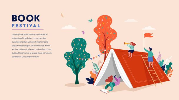 Book festival concept. Little girl reading in the open huge book, opened as a home. Fantasy, adventures and Imagination concept design. Vector illustration, poster, banner  - Vektor, kép