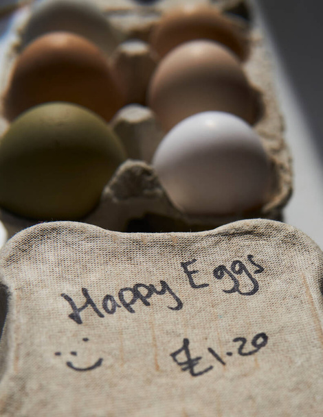 free range chicken eggs in a carton box with a 'happy eggs' hand writing. - Zdjęcie, obraz