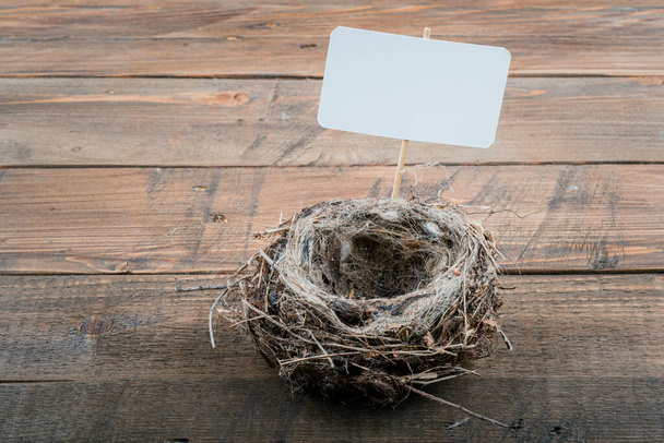 empty bird nest on wooden background. High quality photo - Zdjęcie, obraz