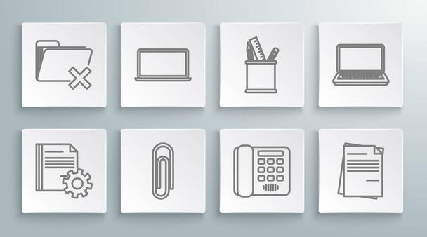 Set line Document settings with gears Laptop Paper clip Telephone File document Pencil case stationery and Delete folder icon. Vector. - Vektor, obrázek