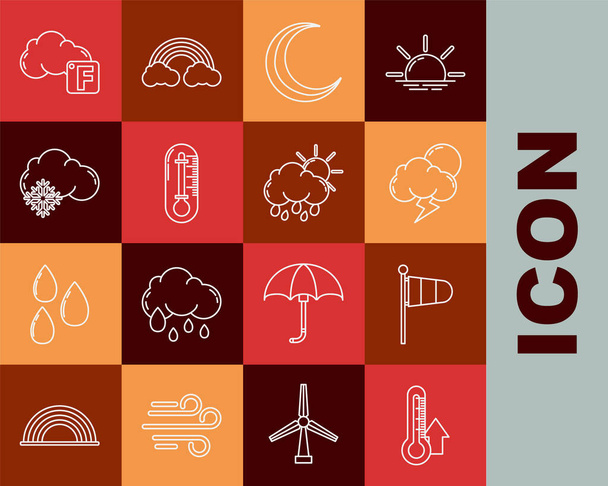 Set line Thermometer Cone meteorology windsock wind vane Storm Moon and stars Cloud with snow Fahrenheit cloud and rain sun icon. Vector. - Vecteur, image