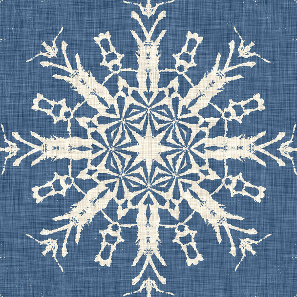 Casa rural azul copo de nieve patrón de fondo. Frosty batik francés efecto telón de fondo sin costuras. Vacaciones frías festivas baldosas de papel de pared - Foto, imagen