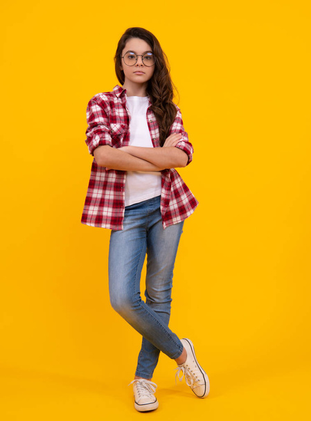Fashion vogue teen. Full length of her she attractive pretty lovely cute cheerful cheery teenager child girl isolated over vivid yellow background - Photo, image