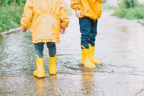 Children in yellow rubber boots walk through puddles. - Фото, изображение