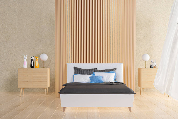 3d weergegeven illustratie van een gezellige slaapkamer met houten paneel decoratie. - Foto, afbeelding