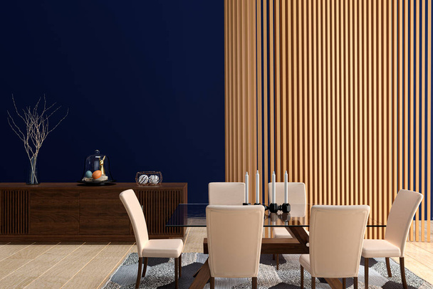 3d rendered illustration of a spacious dinning room with wood panel decoration. - Foto, imagen