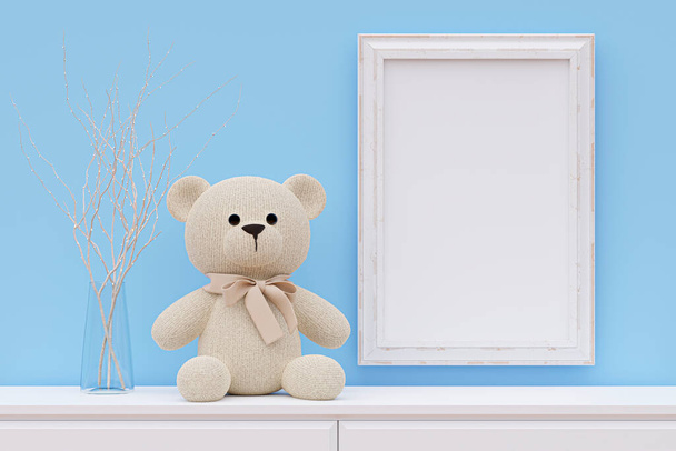 A mockup picture frame with stuffed toy teddy bear. 3d rendered illustration. - Φωτογραφία, εικόνα