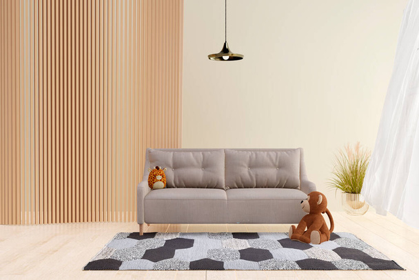 3d rendered illustration of a cozy living room with wall panel decoration. - Fotografie, Obrázek