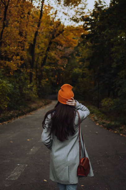 Visão traseira de uma jovem caminhando sozinha na rua no outono. Mulher de chapéu laranja e casaco de lã cinzento lá fora. - Foto, Imagem