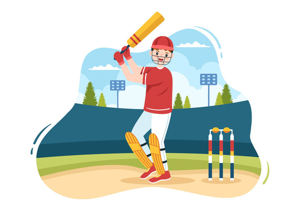Batsman játszik krikett sport labda és bot Flat Cartoon Field Háttér illusztráció - Vektor, kép