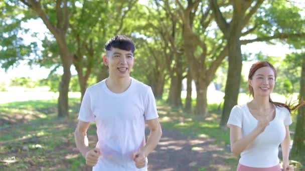 Happy young couple jogging in the  park on sunny day - Video