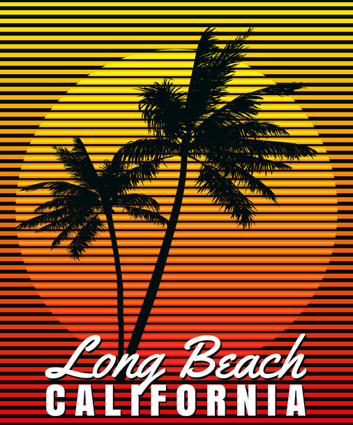 California Long Beach sunset print t-shirt design. Poster retro palm tree silhouettes, gradient, typorgaphy. Vector illustration - ベクター画像