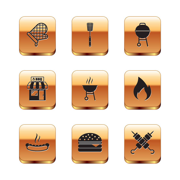 Set Oven glove, Hotdog sandwich, Burger, Barbecue grill, shopping building, Grilled shish kebab and spatula icon. Vector - Vector, imagen