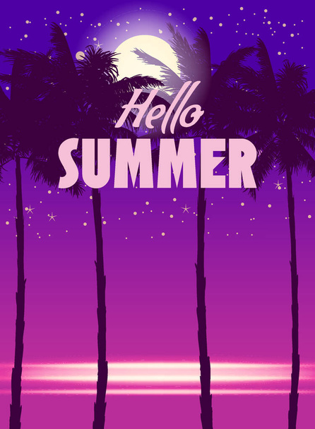 Hola fondo fiesta noche de verano con palmeras, plantilla de diseño, volante. Cartel de verano, tarjeta, cartel. Ilustración vectorial - Vector, Imagen