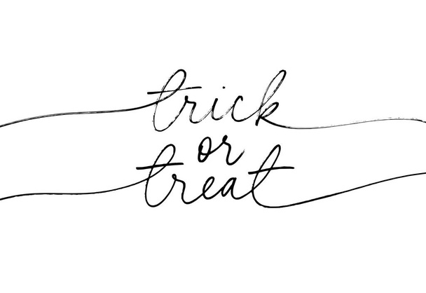 Trick or treat vector line calligraphy. Handlettered Halloween phrase. Hand drawn black pen lettering isolated on white background. Happy Halloween message design banner. Greeting card and invitation - ベクター画像