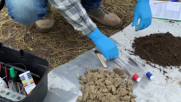 Closeup of agronomist hands in rubber gloves taking soil sample into test tube for laboratory analysis outdoors. Scientist preparing material for research. Environment protection, soil certification - Footage, Video