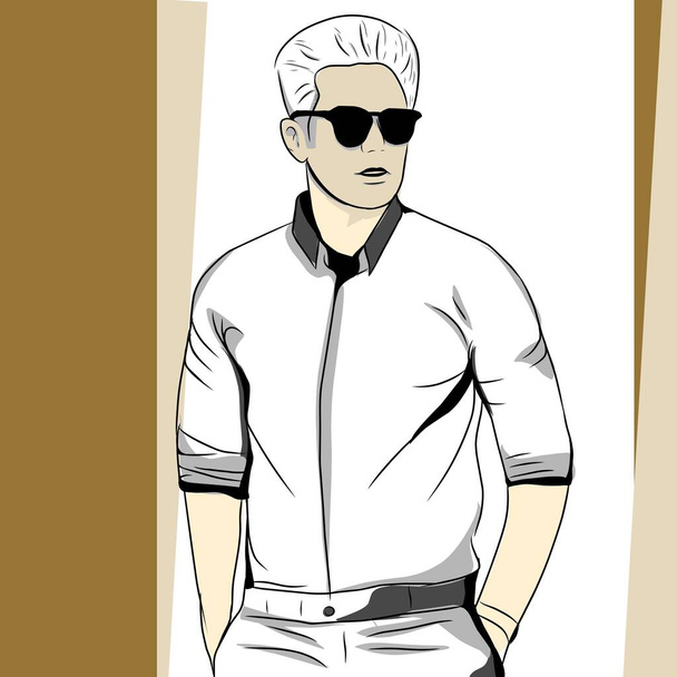 male line art being styled like a model wearing sunglasses. - Вектор, зображення