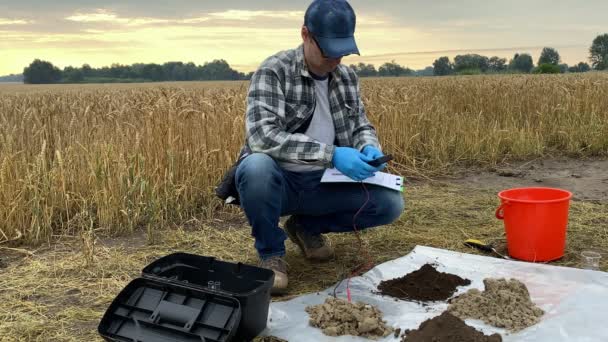 Agronomy scientist conducting soil research by using digital measuring device, taking notes in sampling information sheet at agricultural grain field in rays of sunrise. Soil certification concept - Materiał filmowy, wideo