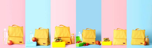 Collage with thermo bags and lunch boxes on color background - Foto, imagen