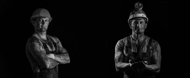 Black and white banner with miner men on dark background - Foto, immagini