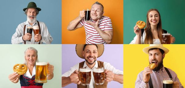 Octoberfest collage with many people drinking beer and eating snacks on color background - Fotoğraf, Görsel