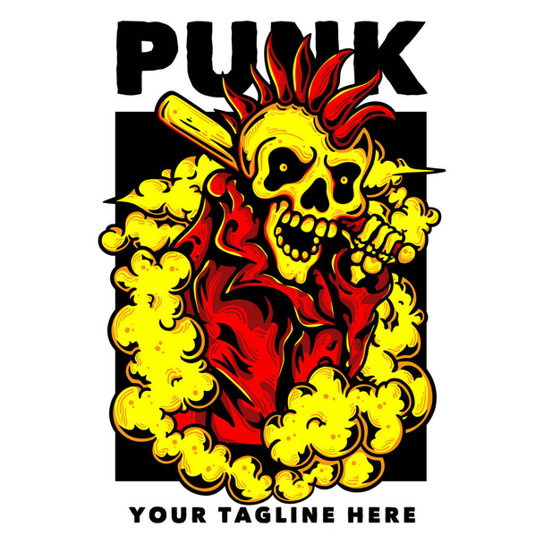 t shirt design punk with skeleton wearing jacket holding a baseball bat vintage illustration - Vecteur, image