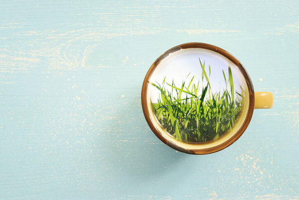 Top view image of coffee mug with nature view. Freedom travel and relaxation concept - 写真・画像