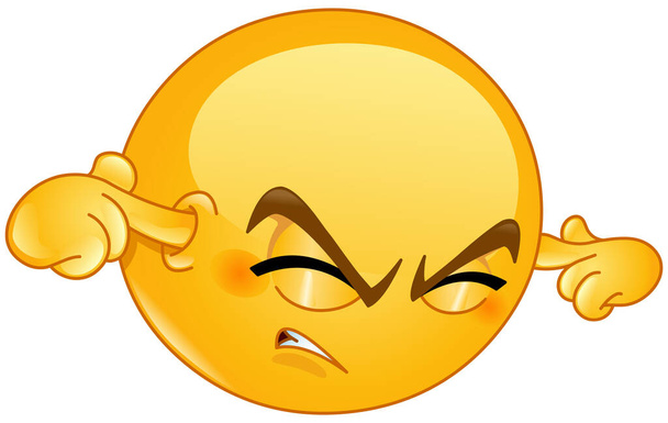 Annoyed emoji emoticon plugging his ears to avoid loud noise, having irritated look. - Vector, Image