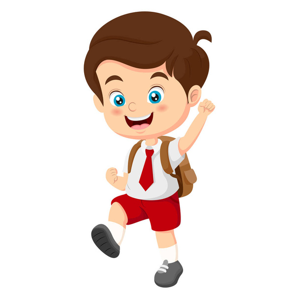 Vector Illustration of Cute Indonesian elementary school boy wearing red and white uniform go to school - Vector, Image