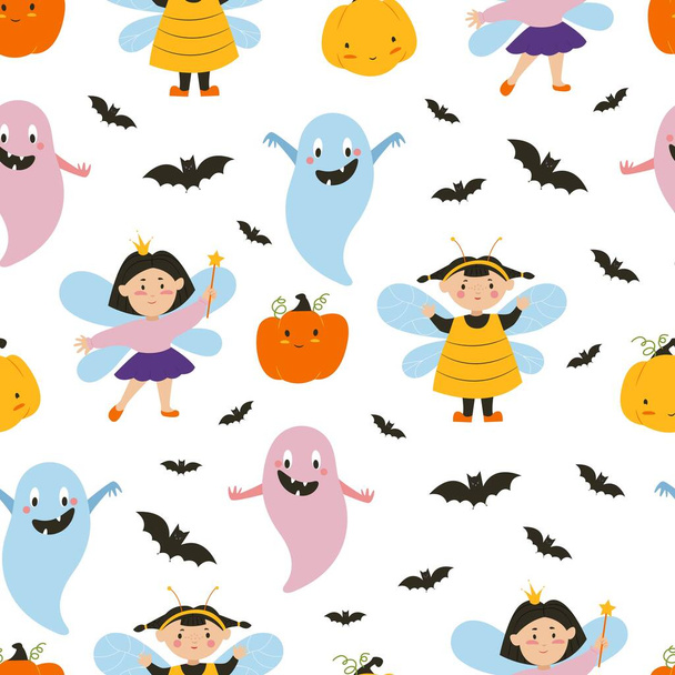 Halloween ghosts. Children in Halloween costumes, pumpkins and bats. Flat illustration. Vector seamless pattern. - Vector, afbeelding