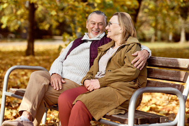 Senior caucasian couple sitting at the bench in park    - Photo, Image
