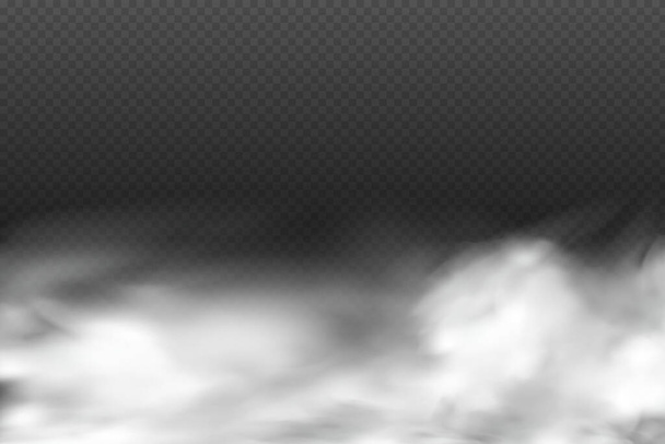 .Set of Cloudy sky or smog over the city.Set of white vector cloudiness ,fog or smoke on dark checkered backgroundVector illustration. - Vecteur, image