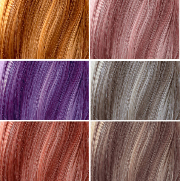Colour swatches for hair dye. Hair colour palette with a variety of samples. - Fotó, kép