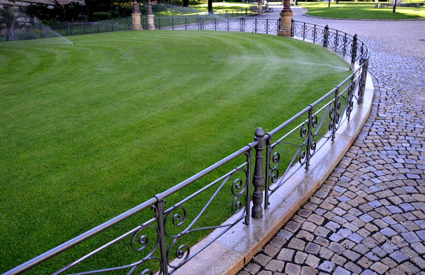 watering lawn automatic irrigation with pull-out sprinklers fresh green color black plastic nozzles extend and rotate in a circular rotation water granite cobblestone tiles and curb, fence, railings - Fotó, kép