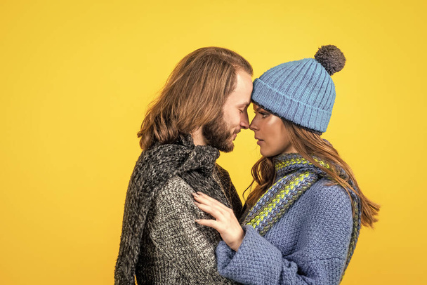 happy couple in love wear knitted clothes in winter, fashion. - 写真・画像
